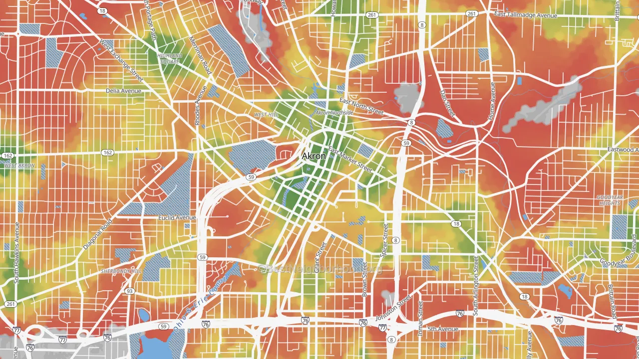 Walk Grade map of 44308, OH, walkable areas in green and car-dependent areas in red