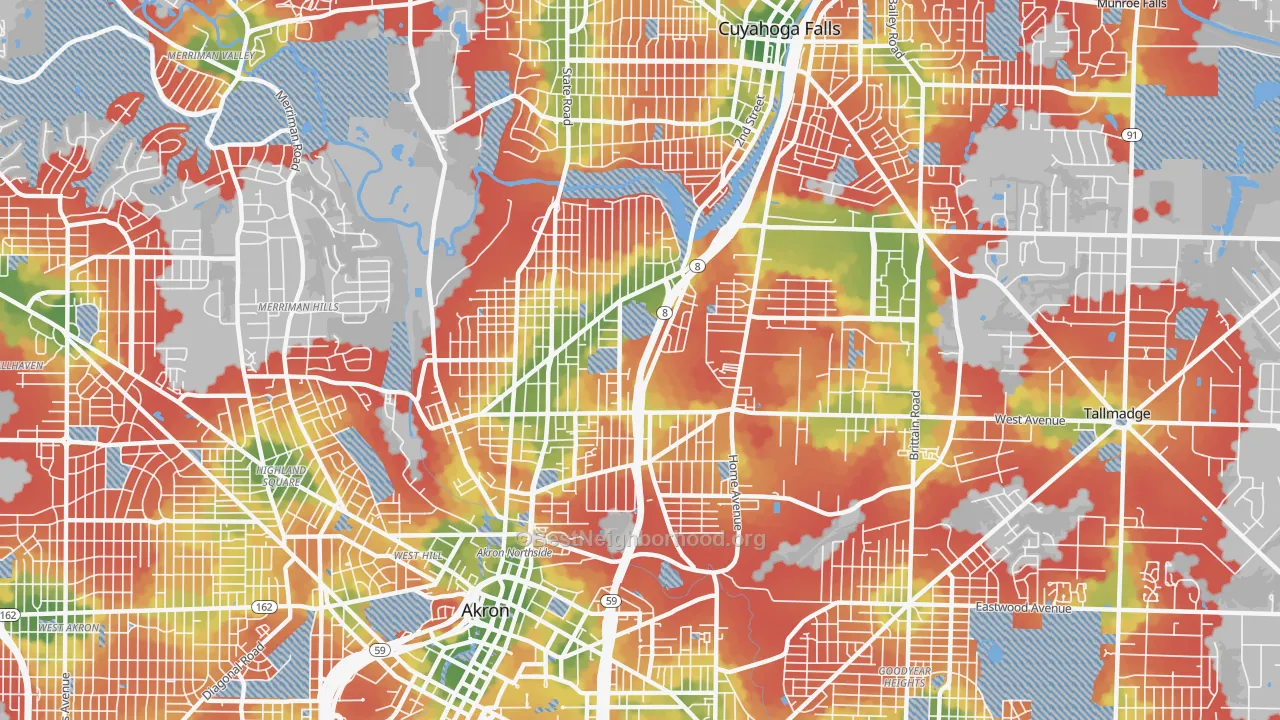 Walk Grade map of 44310, OH, walkable areas in green and car-dependent areas in red