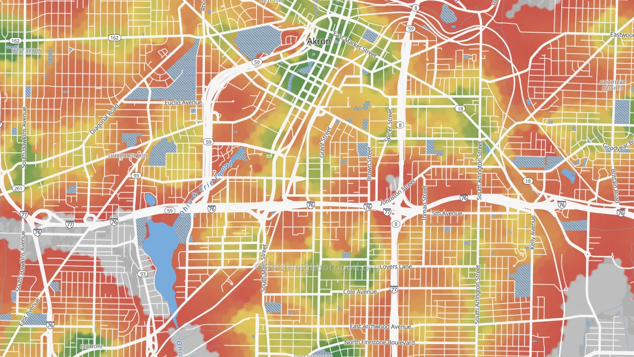 Walk Grade map of 44311, OH, walkable areas in green and car-dependent areas in red