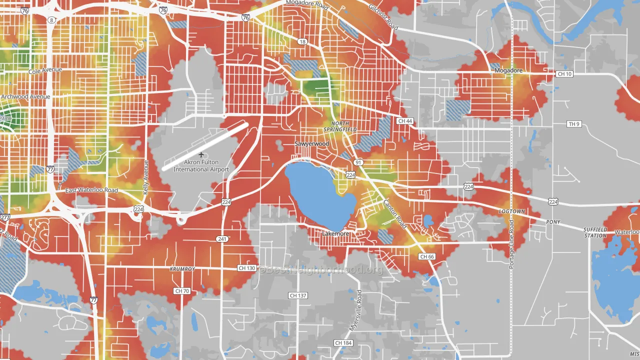 Walk Grade map of 44312, OH, walkable areas in green and car-dependent areas in red