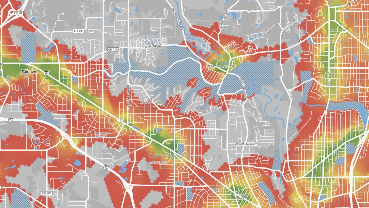 Walk Grade map of 44313, OH, walkable areas in green and car-dependent areas in red
