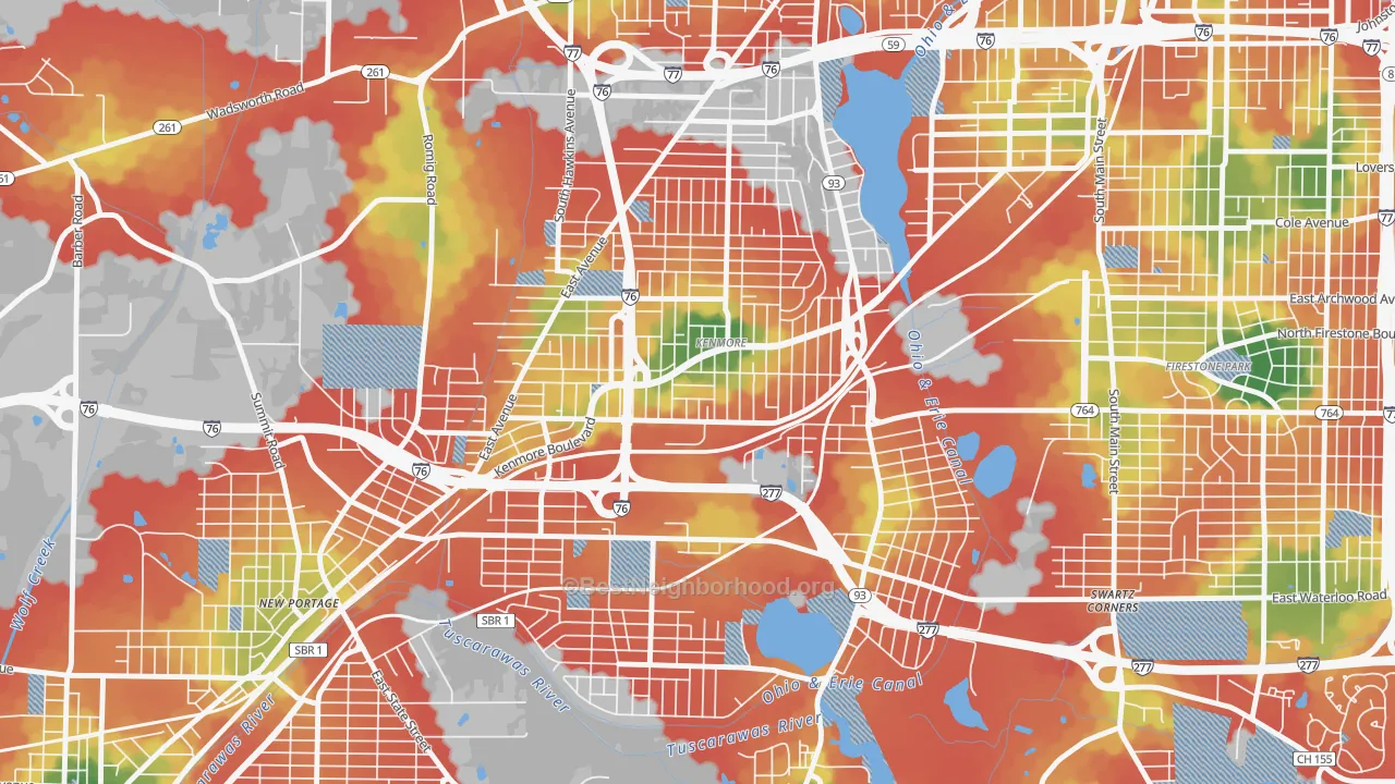 Walk Grade map of 44314, OH, walkable areas in green and car-dependent areas in red