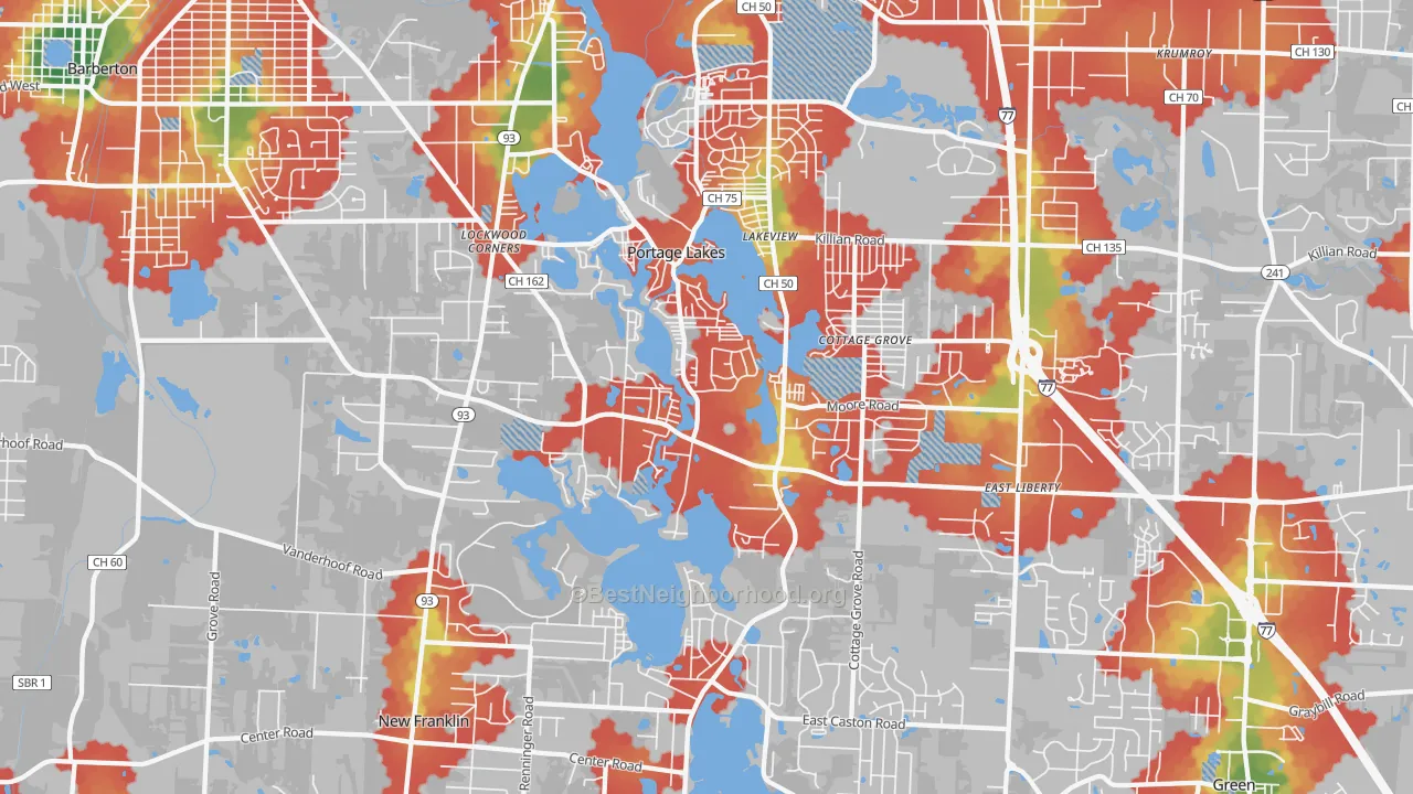 Walk Grade map of 44319, OH, walkable areas in green and car-dependent areas in red