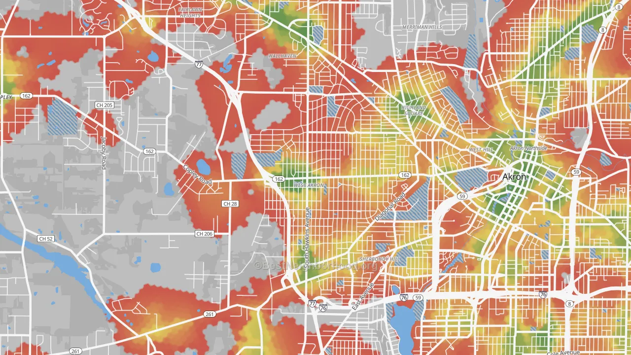 Walk Grade map of 44320, OH, walkable areas in green and car-dependent areas in red