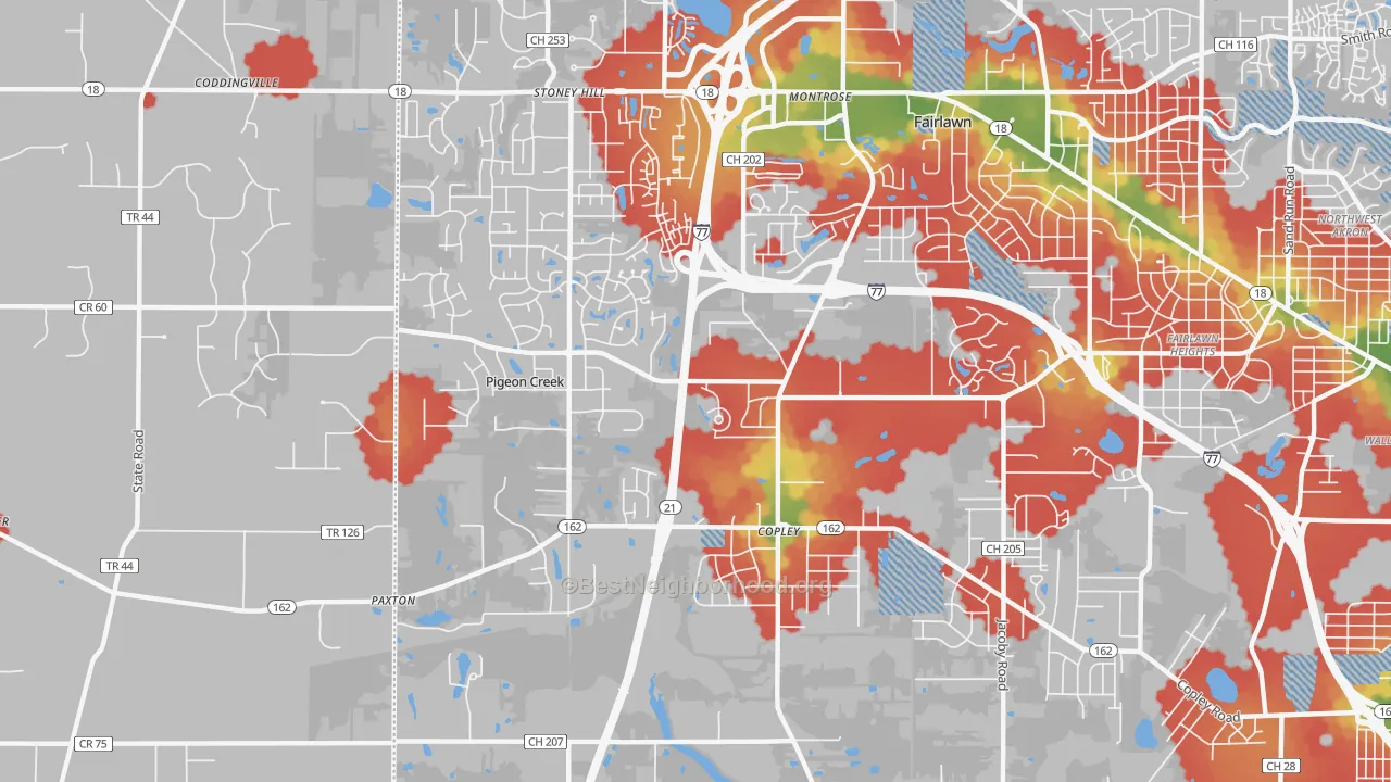 Walk Grade map of 44321, OH, walkable areas in green and car-dependent areas in red