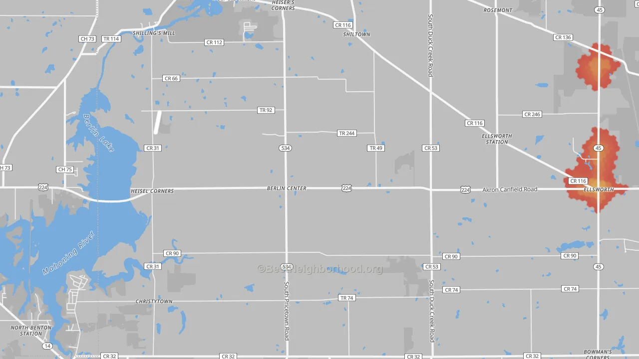 Walk Grade map of 44401, OH, walkable areas in green and car-dependent areas in red