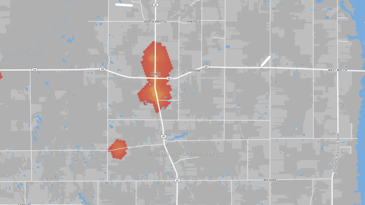 Walk Grade map of 44402, OH, walkable areas in green and car-dependent areas in red