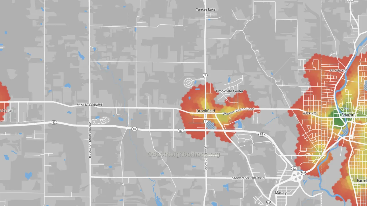 Walk Grade map of 44403, OH, walkable areas in green and car-dependent areas in red