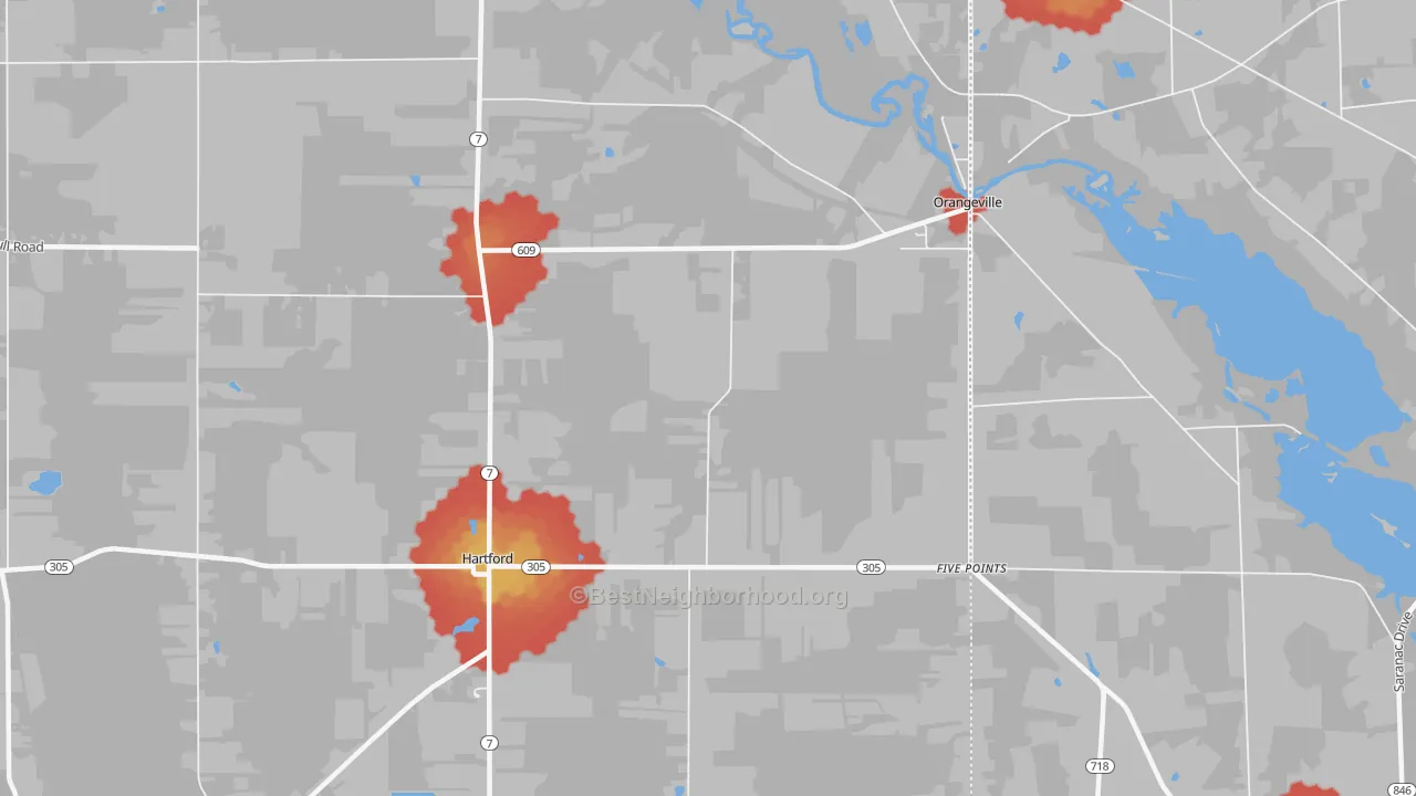 Walk Grade map of 44404, OH, walkable areas in green and car-dependent areas in red