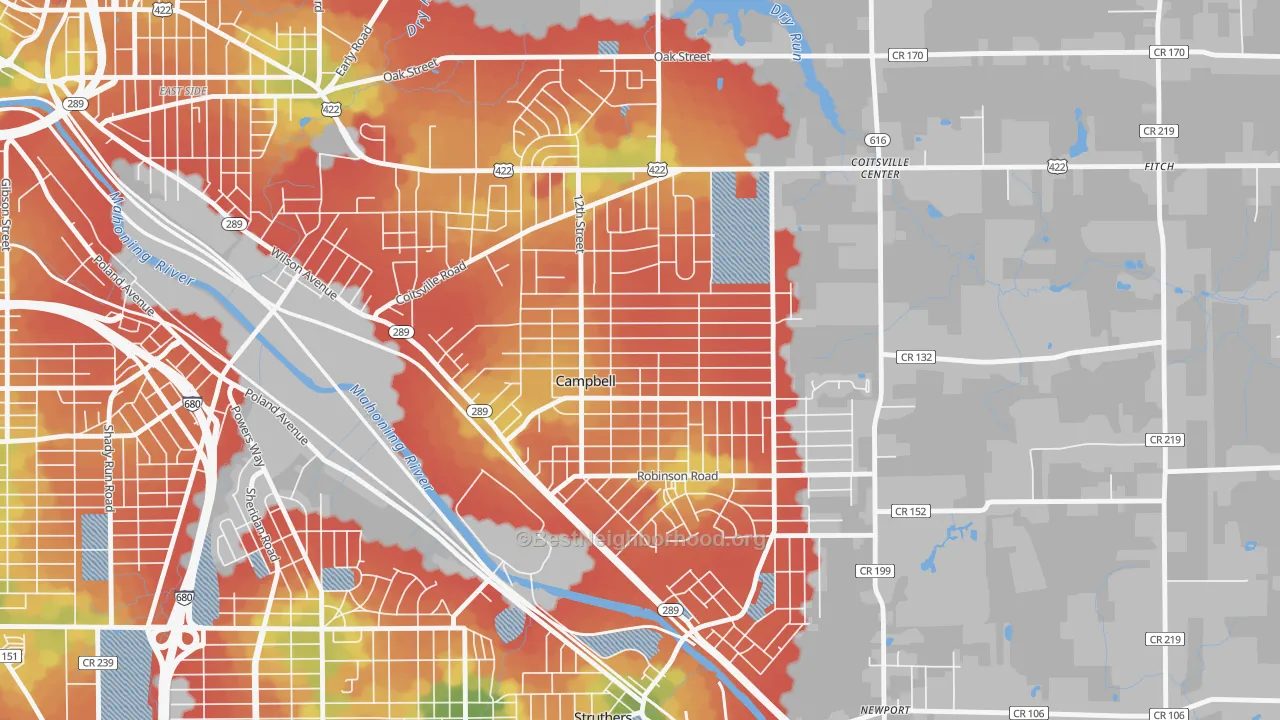 Walk Grade map of 44405, OH, walkable areas in green and car-dependent areas in red
