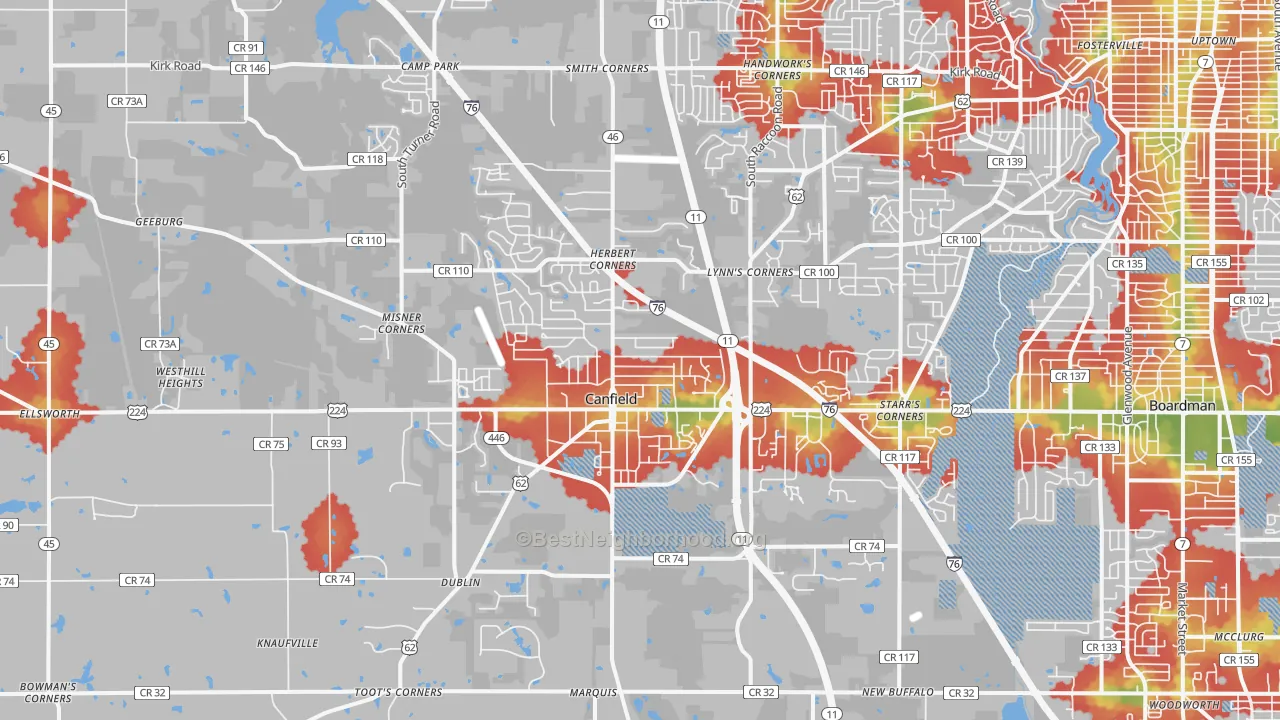 Walk Grade map of 44406, OH, walkable areas in green and car-dependent areas in red