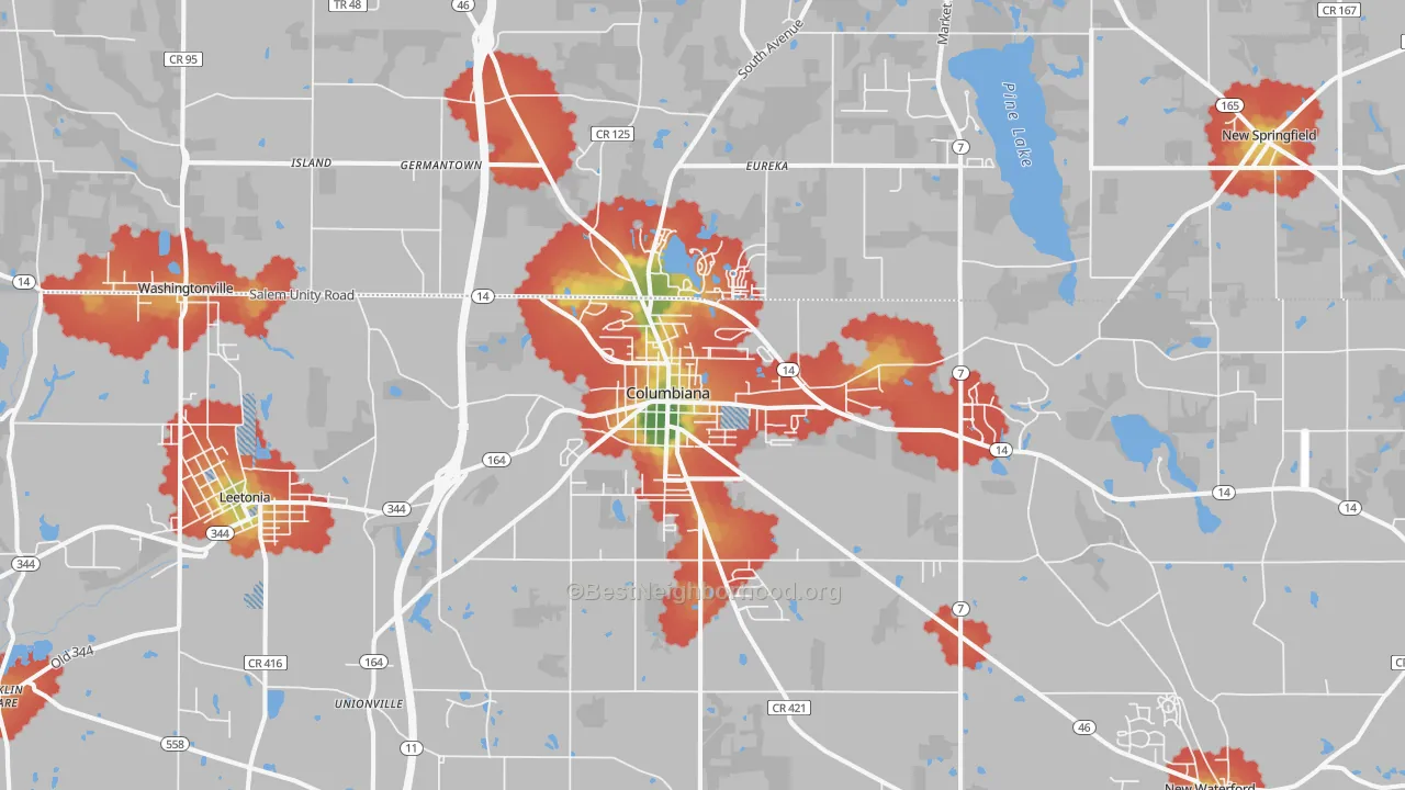 Walk Grade map of 44408, OH, walkable areas in green and car-dependent areas in red