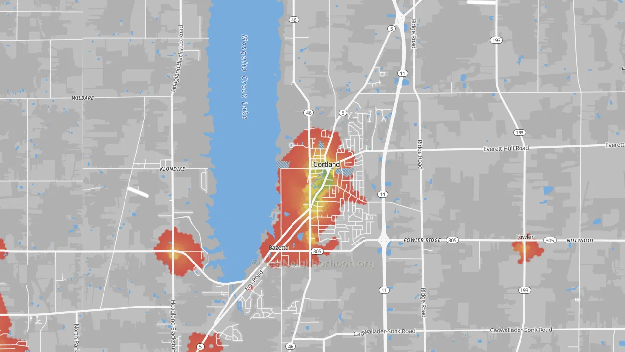 Walk Grade map of 44410, OH, walkable areas in green and car-dependent areas in red