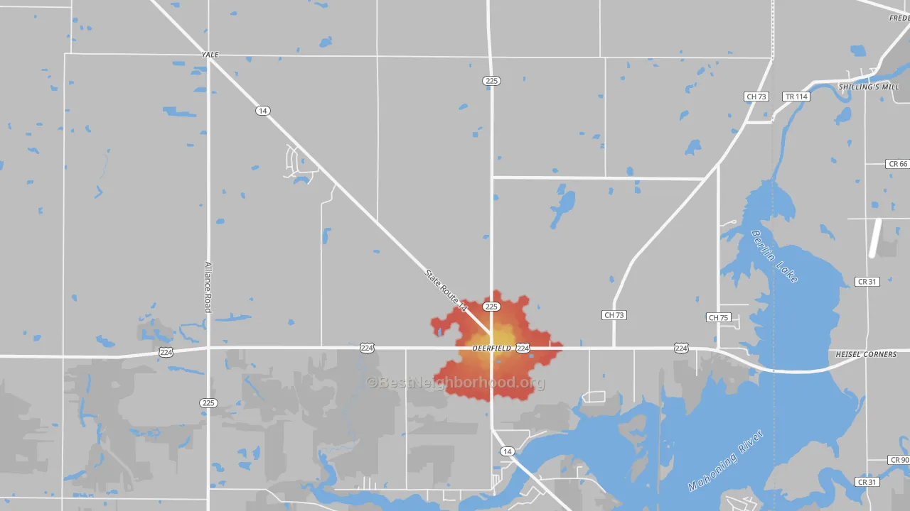 Walk Grade map of 44411, OH, walkable areas in green and car-dependent areas in red