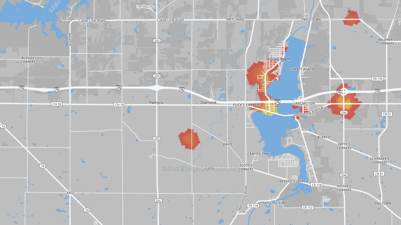 Walk Grade map of 44412, OH, walkable areas in green and car-dependent areas in red