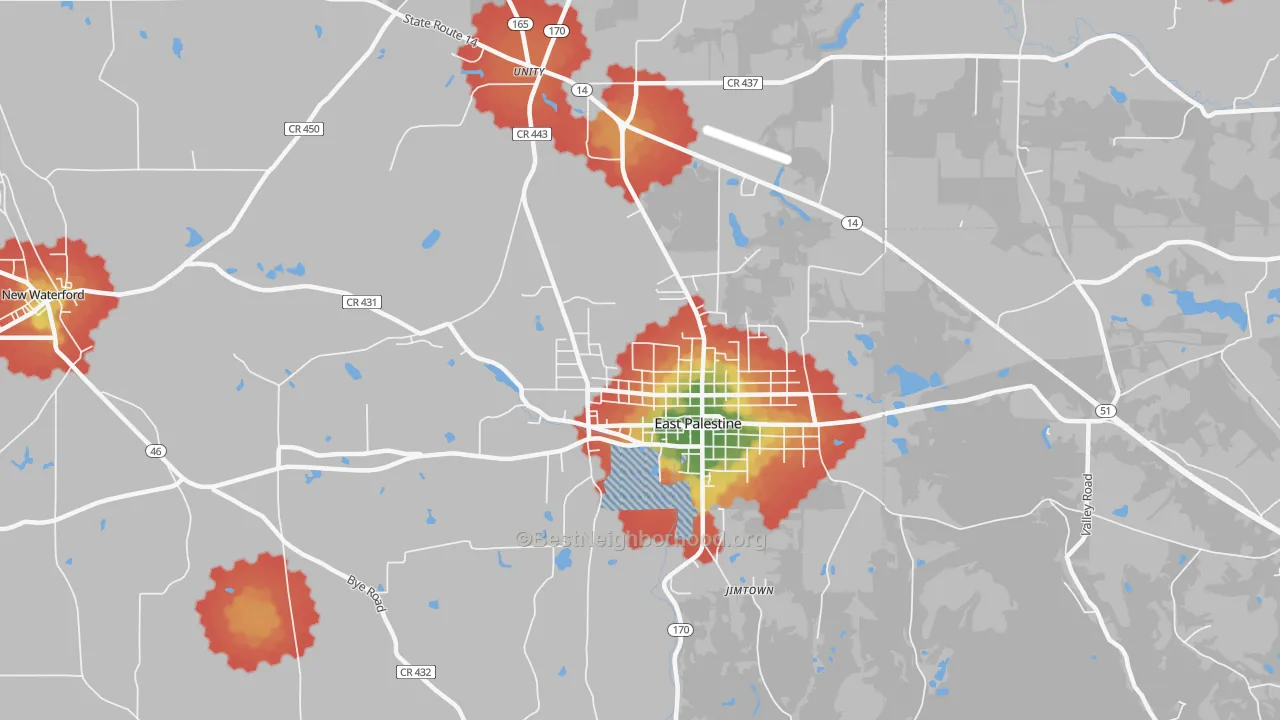 Walk Grade map of 44413, OH, walkable areas in green and car-dependent areas in red