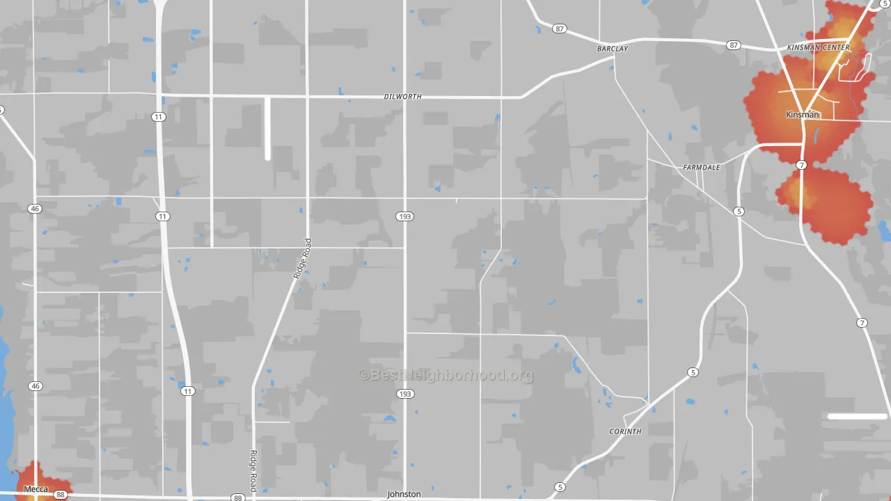 Walk Grade map of 44417, OH, walkable areas in green and car-dependent areas in red