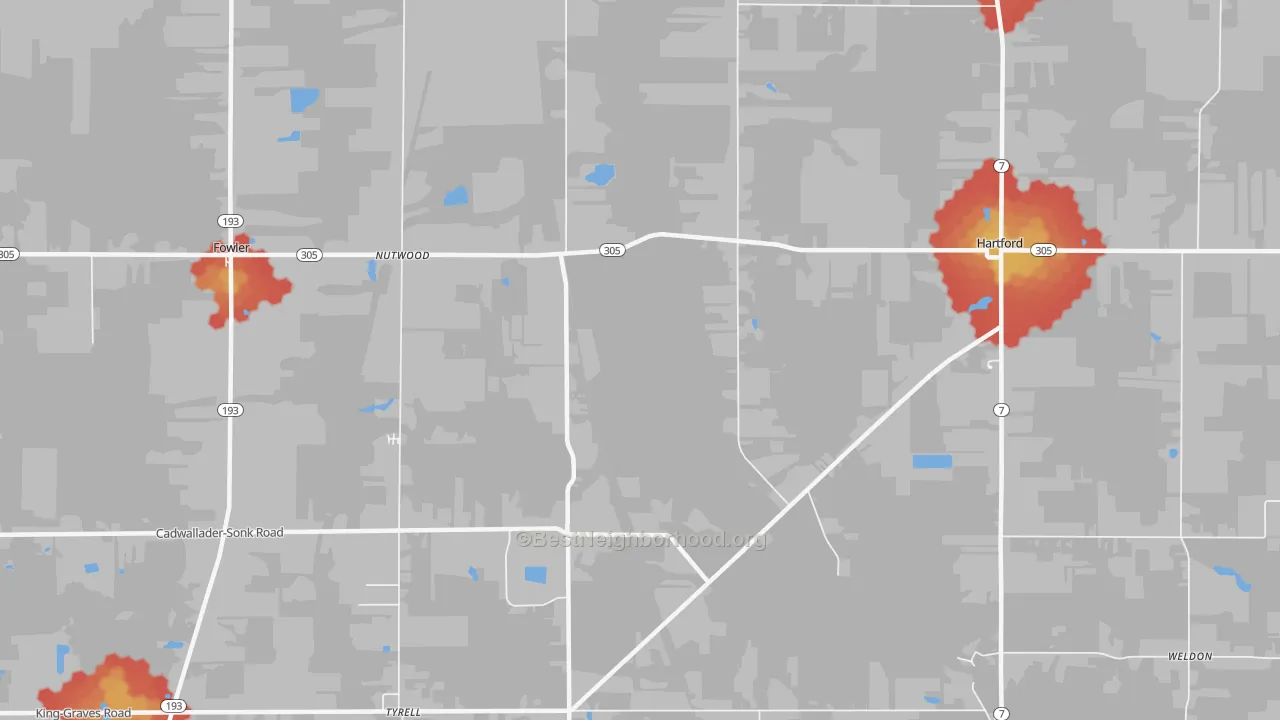 Walk Grade map of 44418, OH, walkable areas in green and car-dependent areas in red