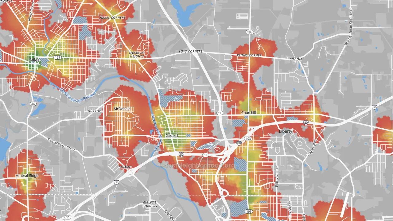 Walk Grade map of 44420, OH, walkable areas in green and car-dependent areas in red