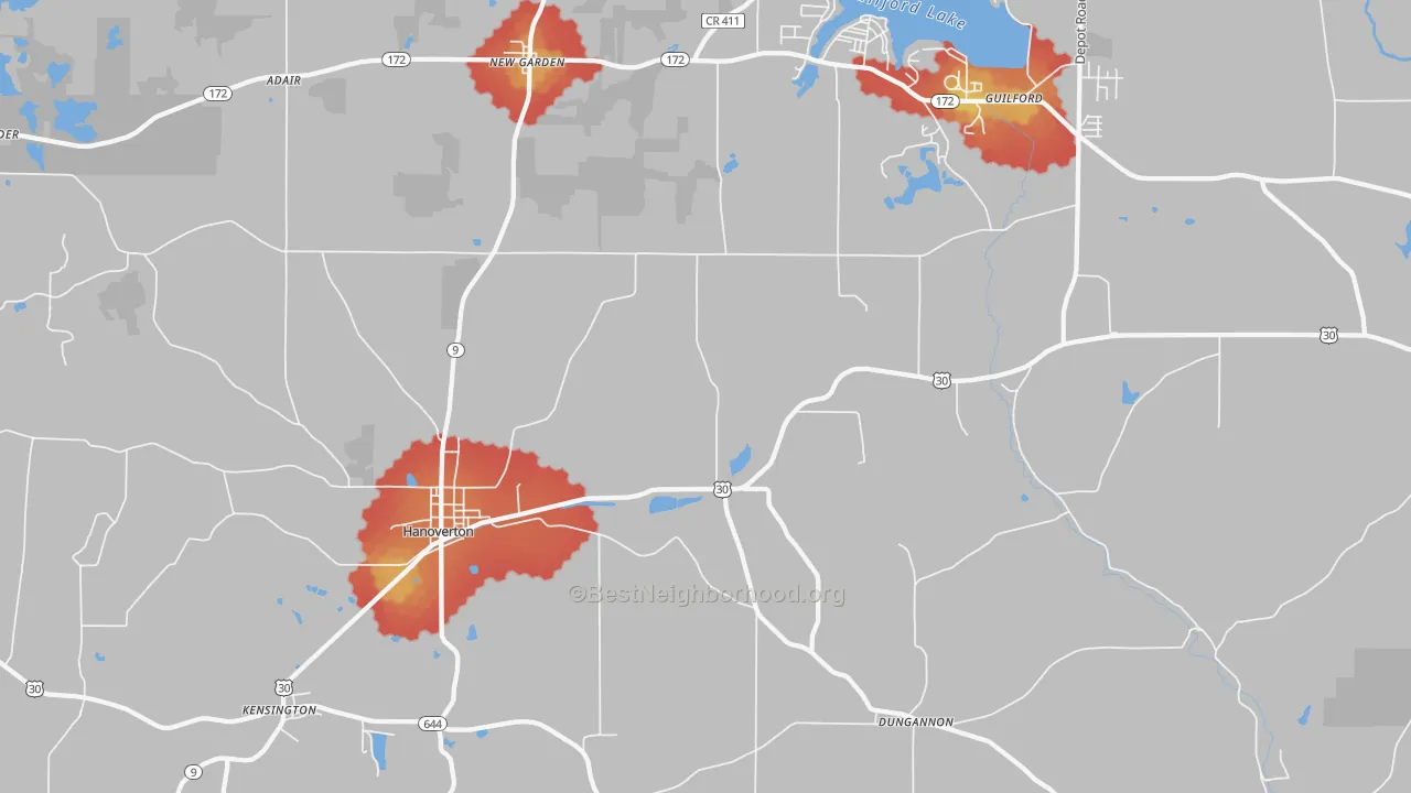 Walk Grade map of 44423, OH, walkable areas in green and car-dependent areas in red