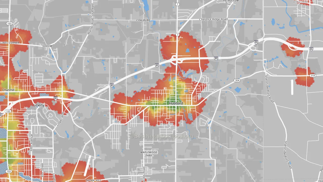 Walk Grade map of 44425, OH, walkable areas in green and car-dependent areas in red