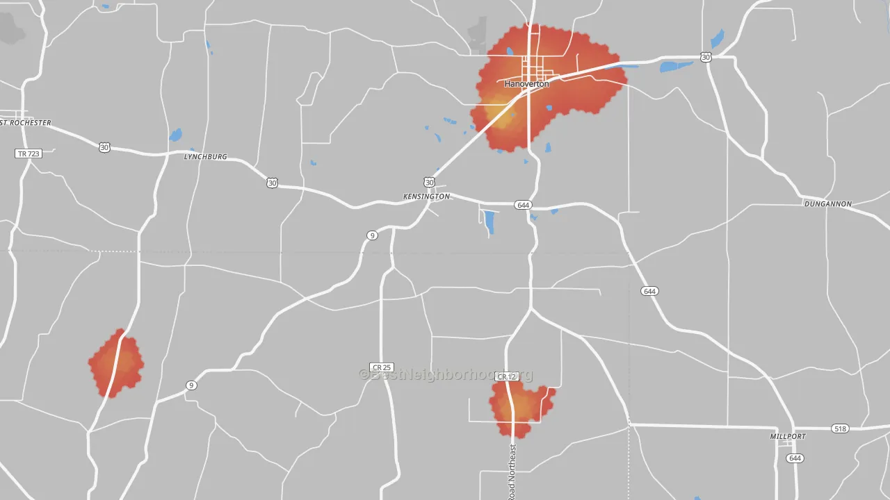 Walk Grade map of 44427, OH, walkable areas in green and car-dependent areas in red