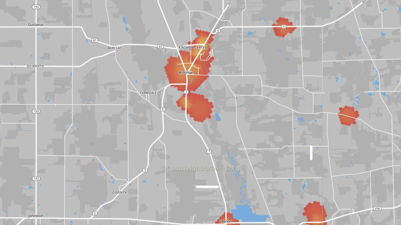 Walk Grade map of 44428, OH, walkable areas in green and car-dependent areas in red