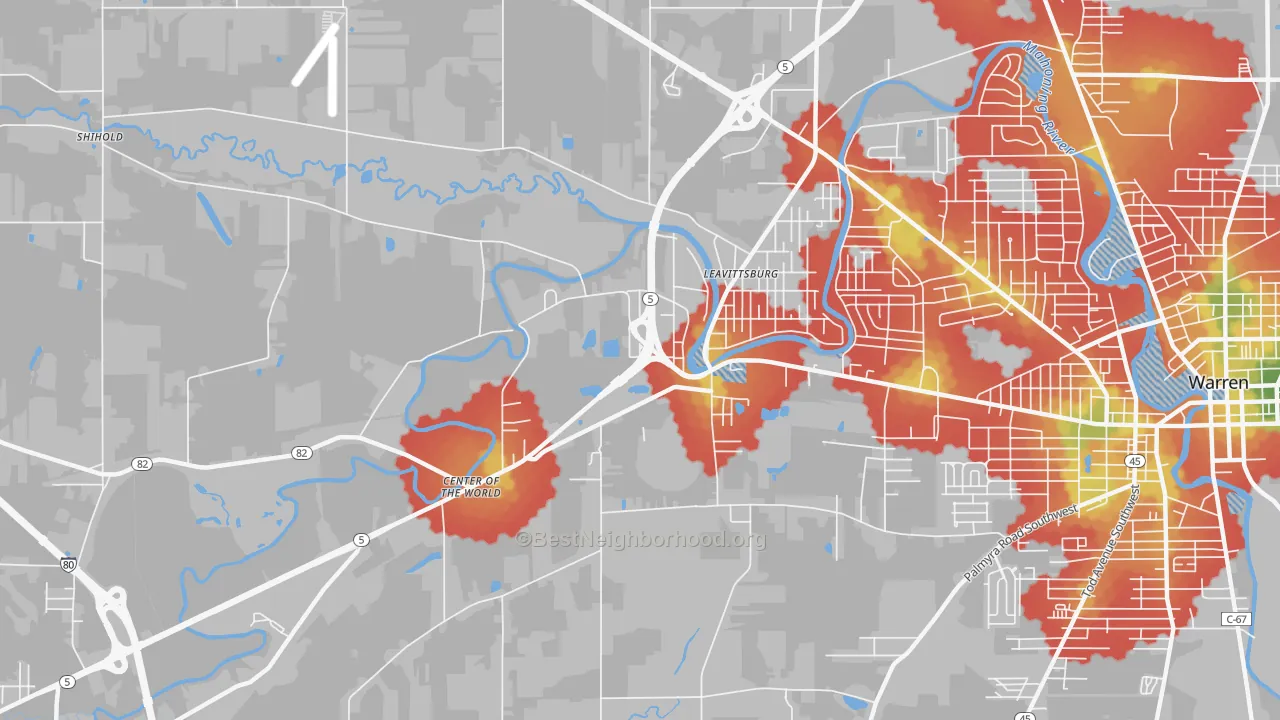 Walk Grade map of 44430, OH, walkable areas in green and car-dependent areas in red