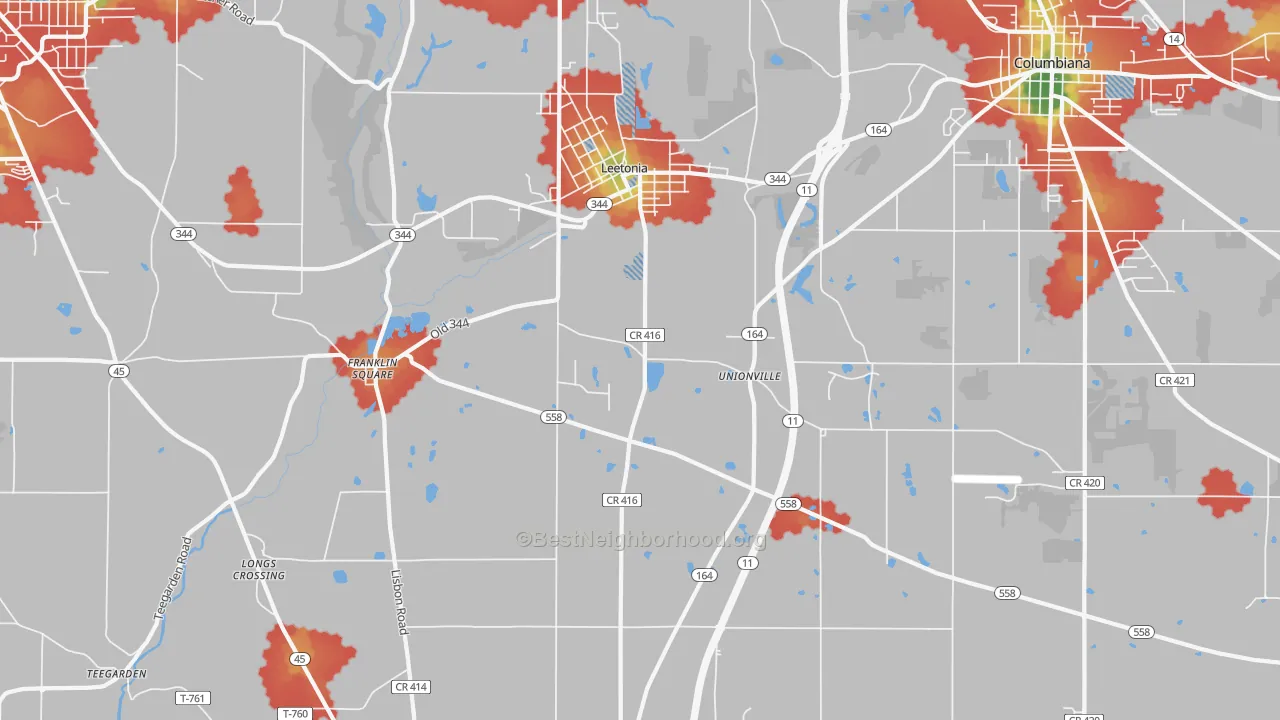 Walk Grade map of 44431, OH, walkable areas in green and car-dependent areas in red