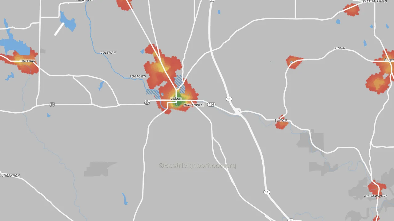 Walk Grade map of 44432, OH, walkable areas in green and car-dependent areas in red