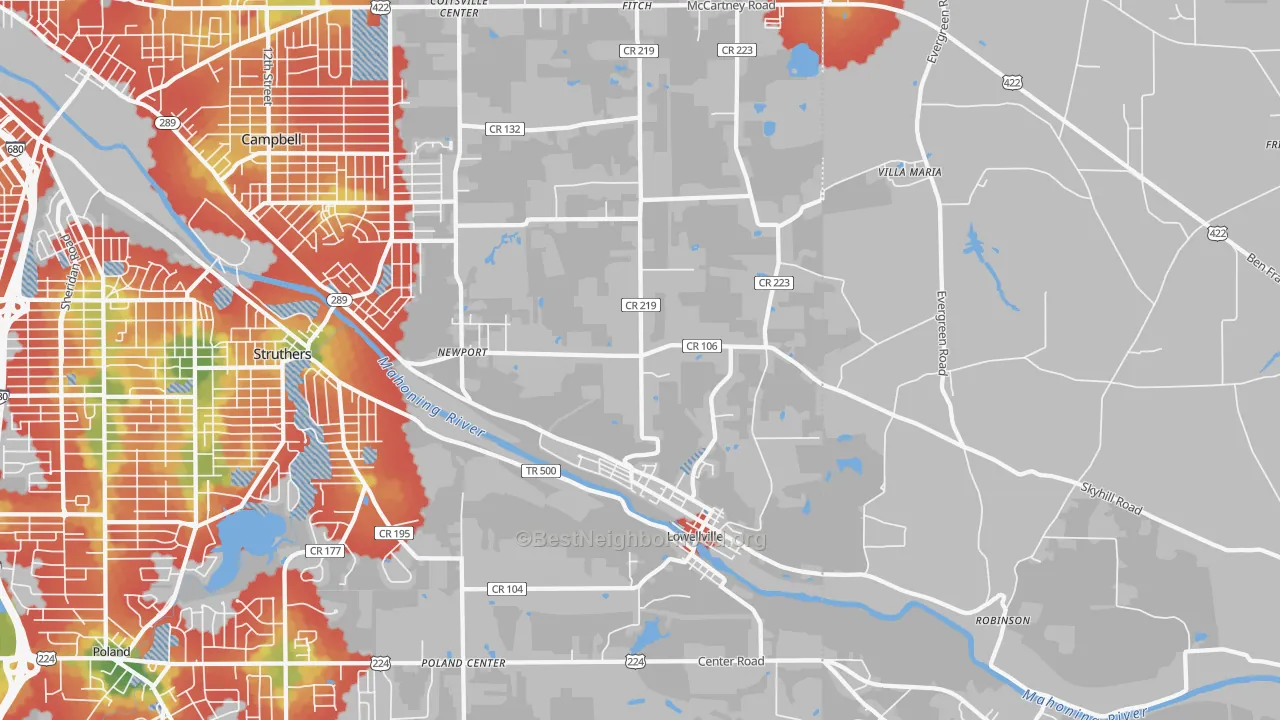 Walk Grade map of 44436, OH, walkable areas in green and car-dependent areas in red