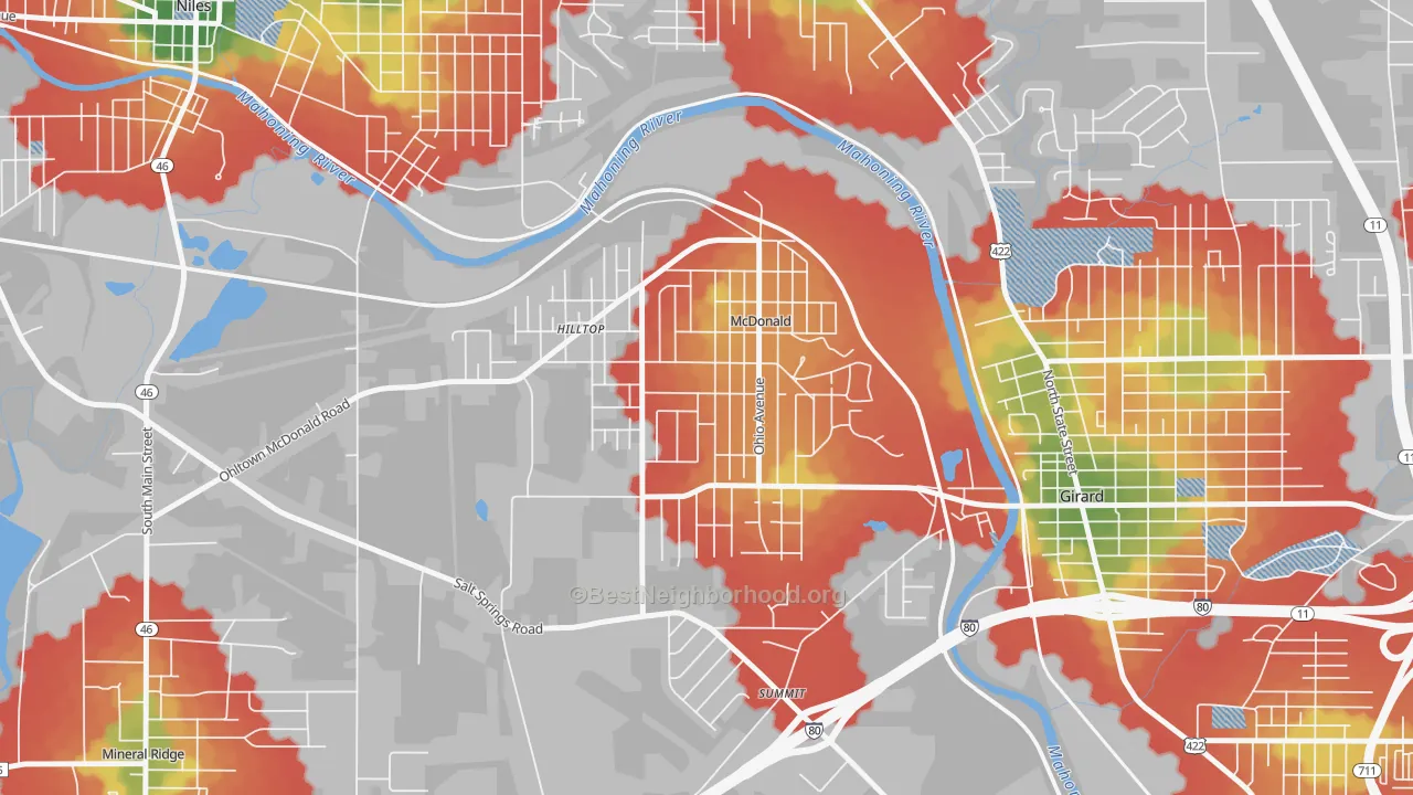 Walk Grade map of 44437, OH, walkable areas in green and car-dependent areas in red