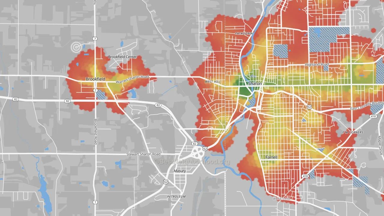 Walk Grade map of 44438, OH, walkable areas in green and car-dependent areas in red