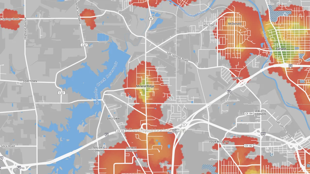 Walk Grade map of 44440, OH, walkable areas in green and car-dependent areas in red