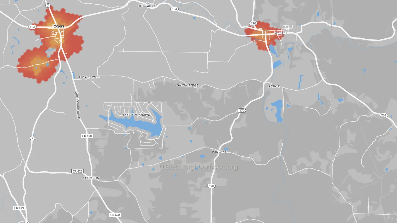 Walk Grade map of 44441, OH, walkable areas in green and car-dependent areas in red
