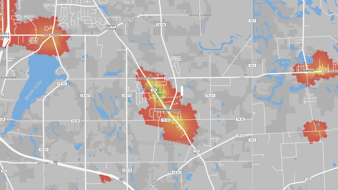 Walk Grade map of 44442, OH, walkable areas in green and car-dependent areas in red