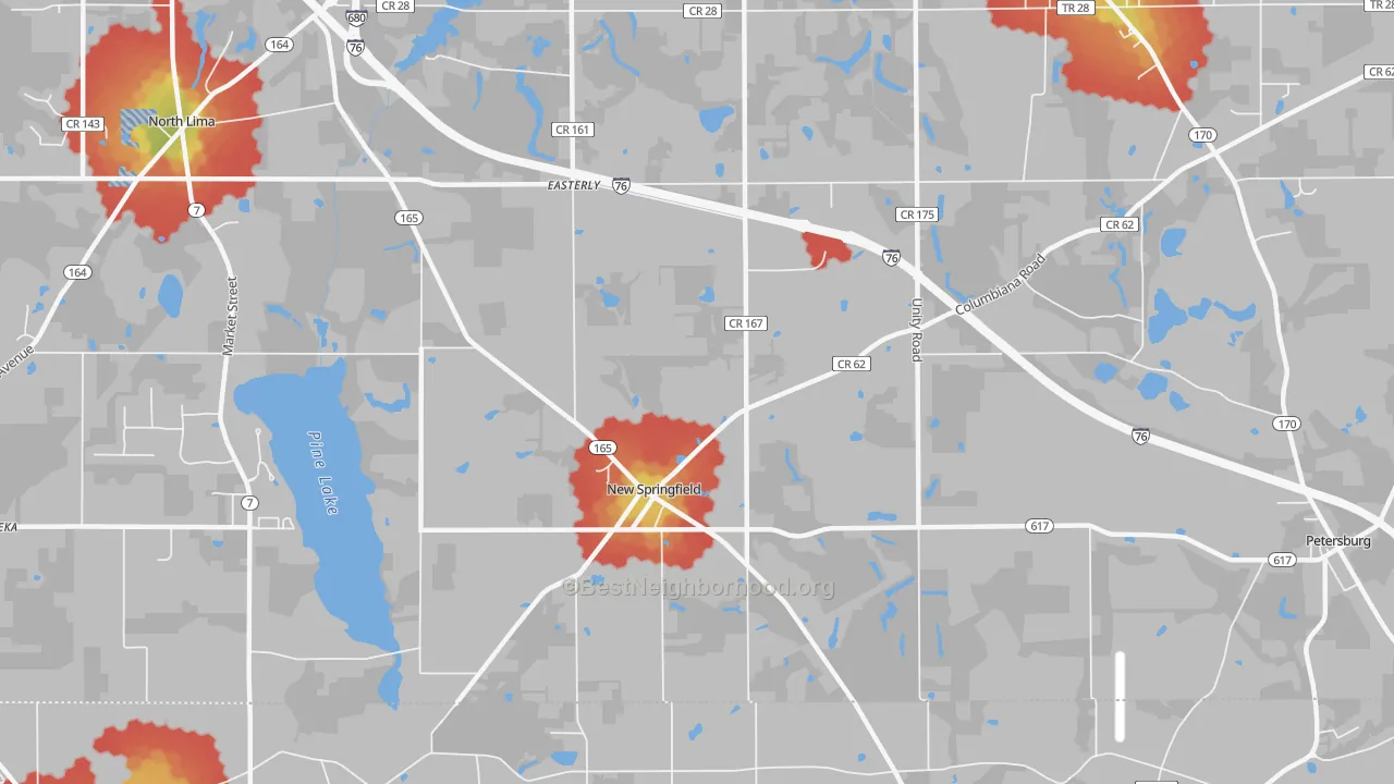 Walk Grade map of 44443, OH, walkable areas in green and car-dependent areas in red