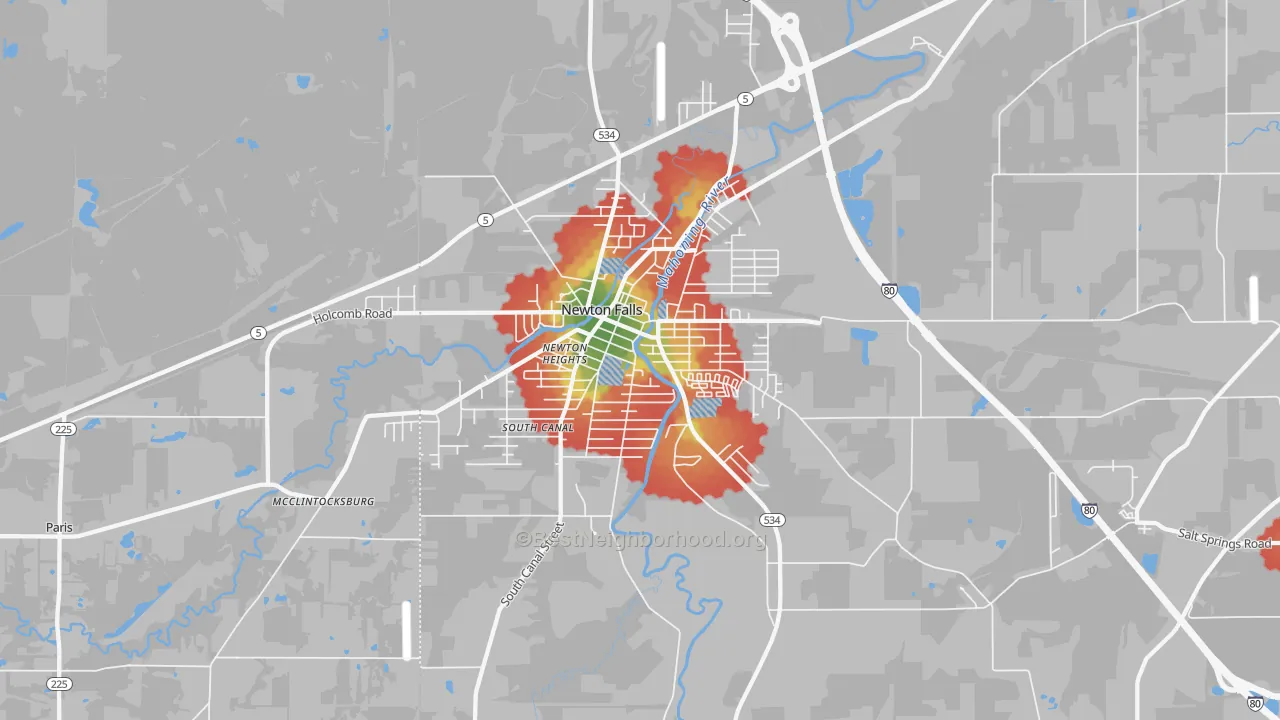 Walk Grade map of 44444, OH, walkable areas in green and car-dependent areas in red