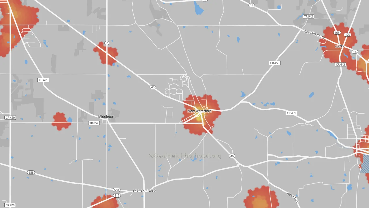Walk Grade map of 44445, OH, walkable areas in green and car-dependent areas in red