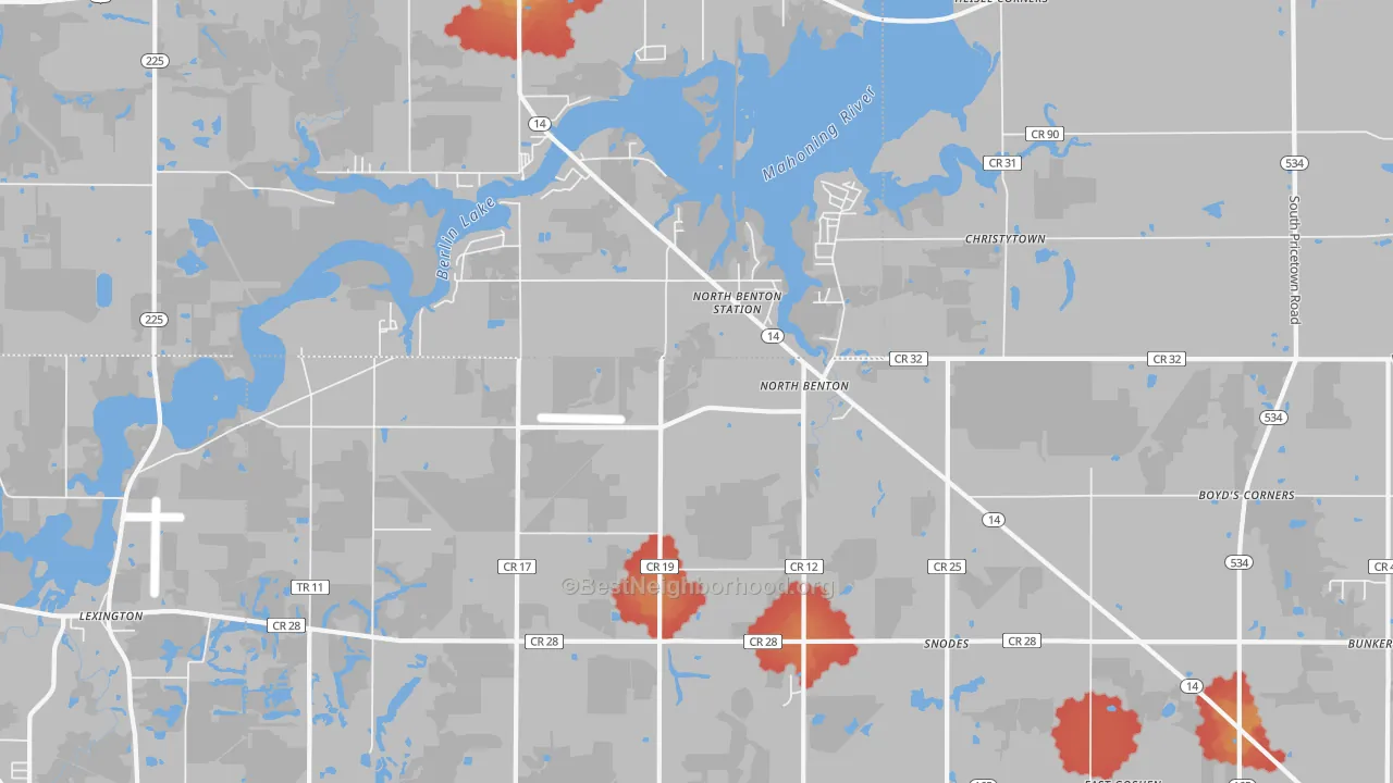 Walk Grade map of 44449, OH, walkable areas in green and car-dependent areas in red