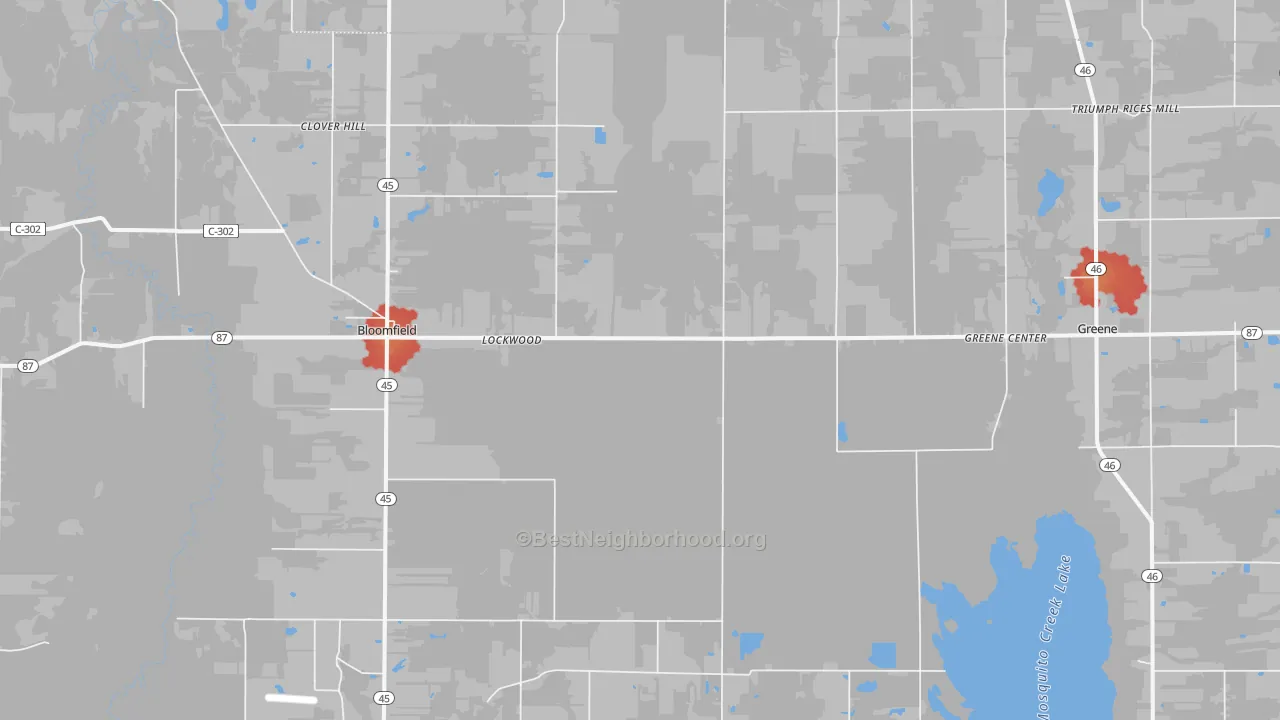 Walk Grade map of 44450, OH, walkable areas in green and car-dependent areas in red