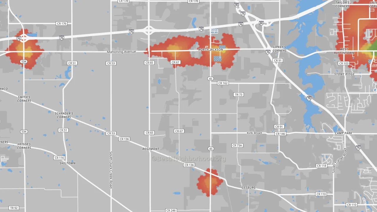 Walk Grade map of 44451, OH, walkable areas in green and car-dependent areas in red