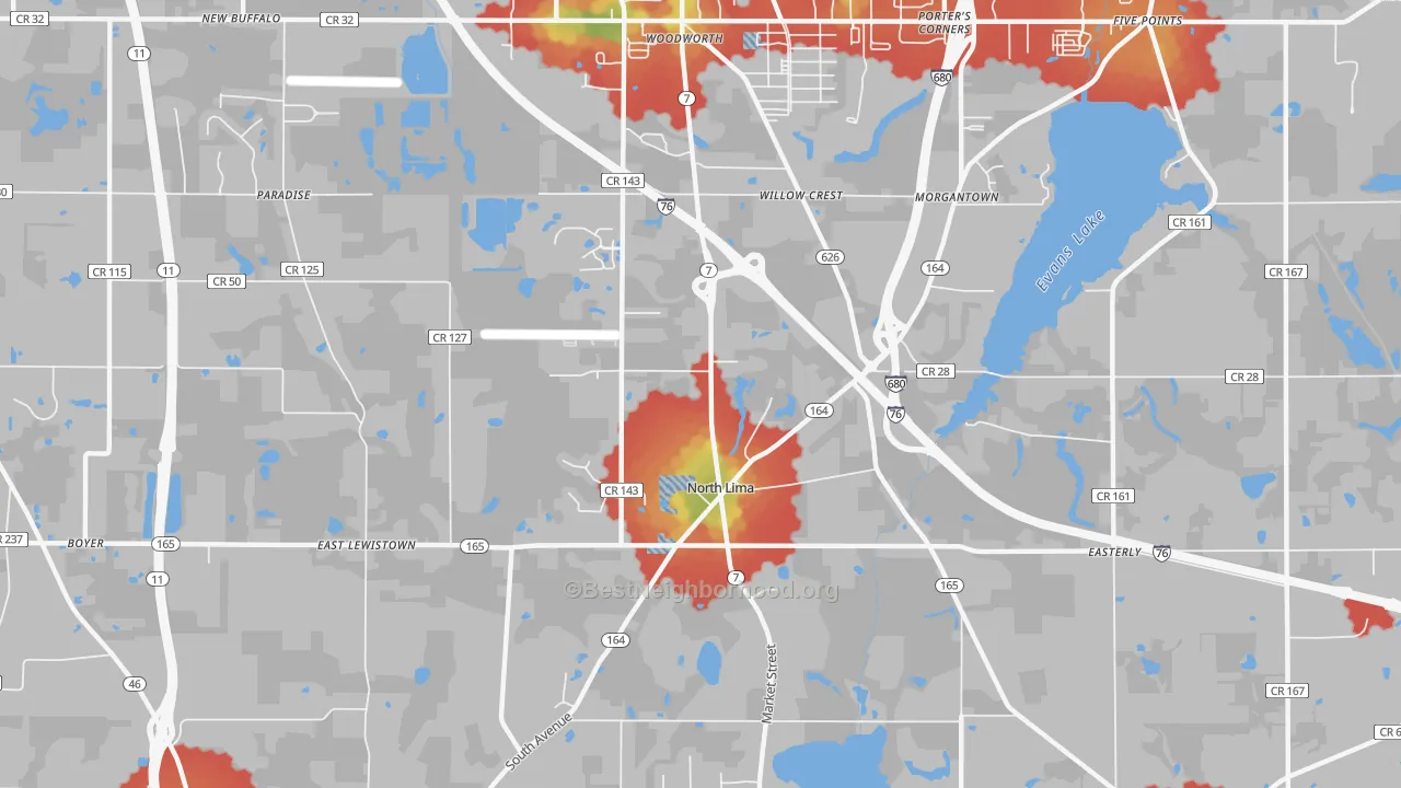 Walk Grade map of 44452, OH, walkable areas in green and car-dependent areas in red