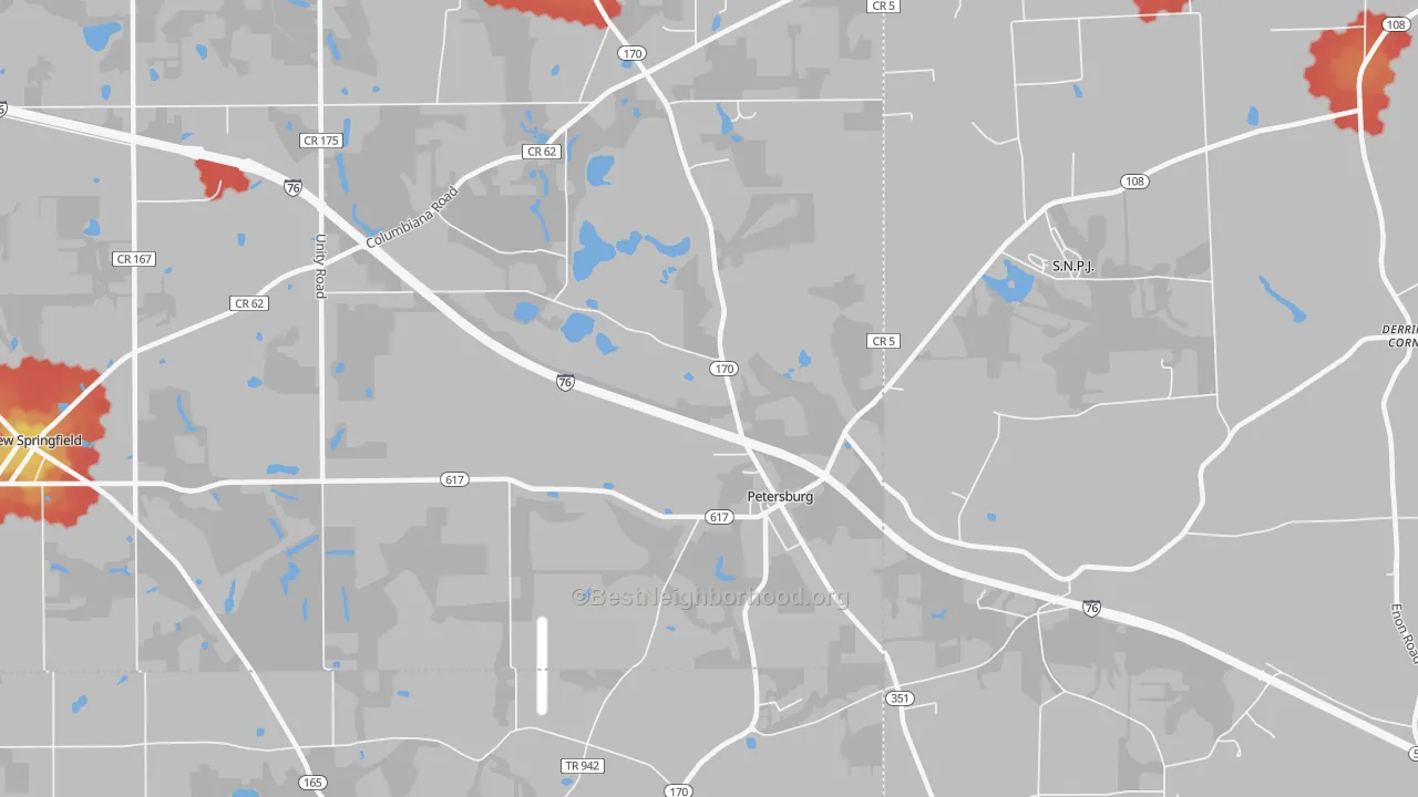 Walk Grade map of 44454, OH, walkable areas in green and car-dependent areas in red