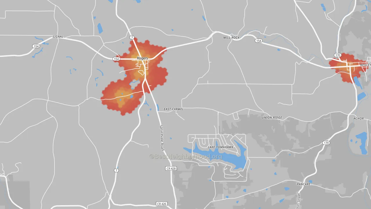 Walk Grade map of 44455, OH, walkable areas in green and car-dependent areas in red