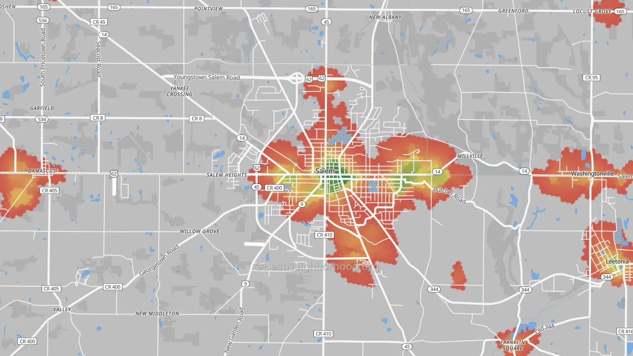 Walk Grade map of 44460, OH, walkable areas in green and car-dependent areas in red