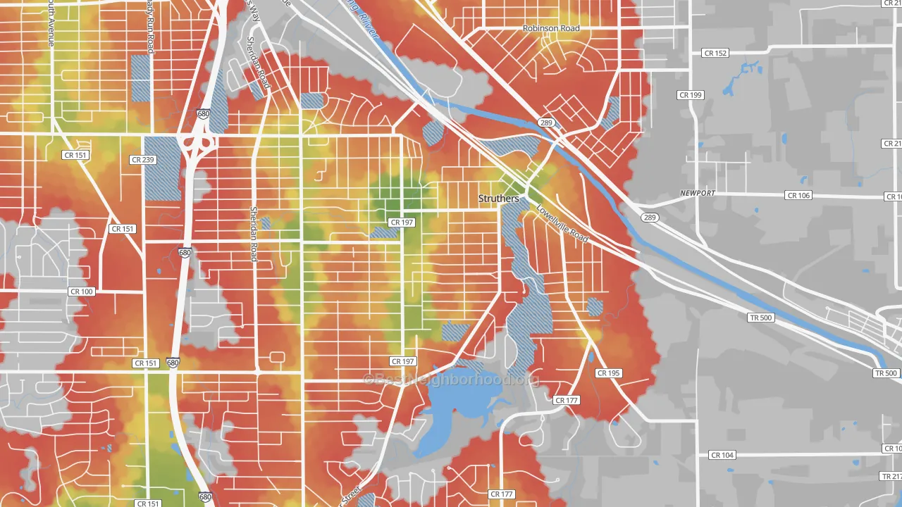 Walk Grade map of 44471, OH, walkable areas in green and car-dependent areas in red