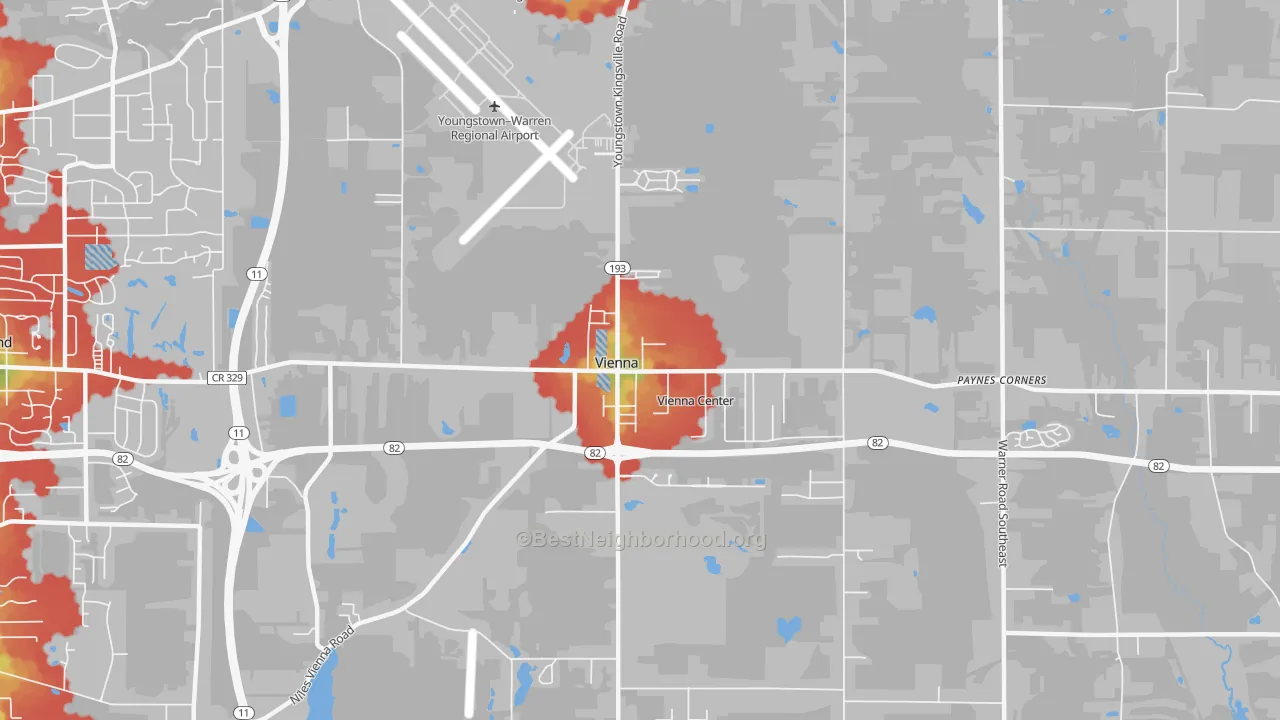 Walk Grade map of 44473, OH, walkable areas in green and car-dependent areas in red