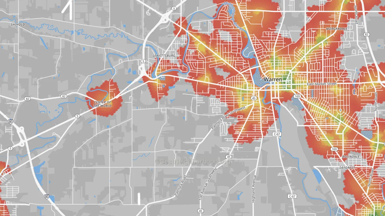 Walk Grade map of 44481, OH, walkable areas in green and car-dependent areas in red