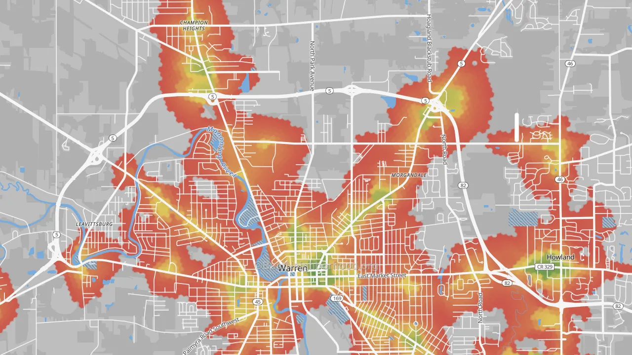 Walk Grade map of 44483, OH, walkable areas in green and car-dependent areas in red